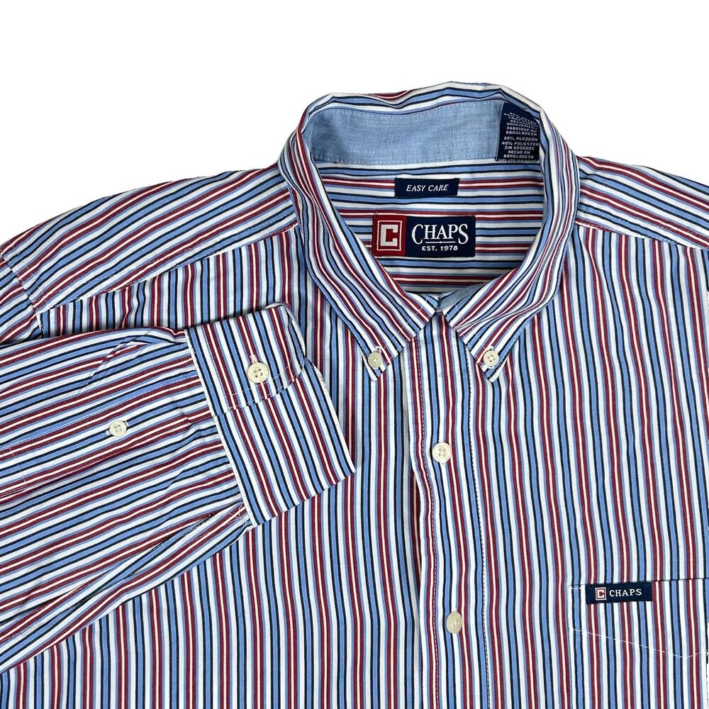 CHAPS Red White Blue Striped LS Button Down Easy Care Polo Shirt Business Church